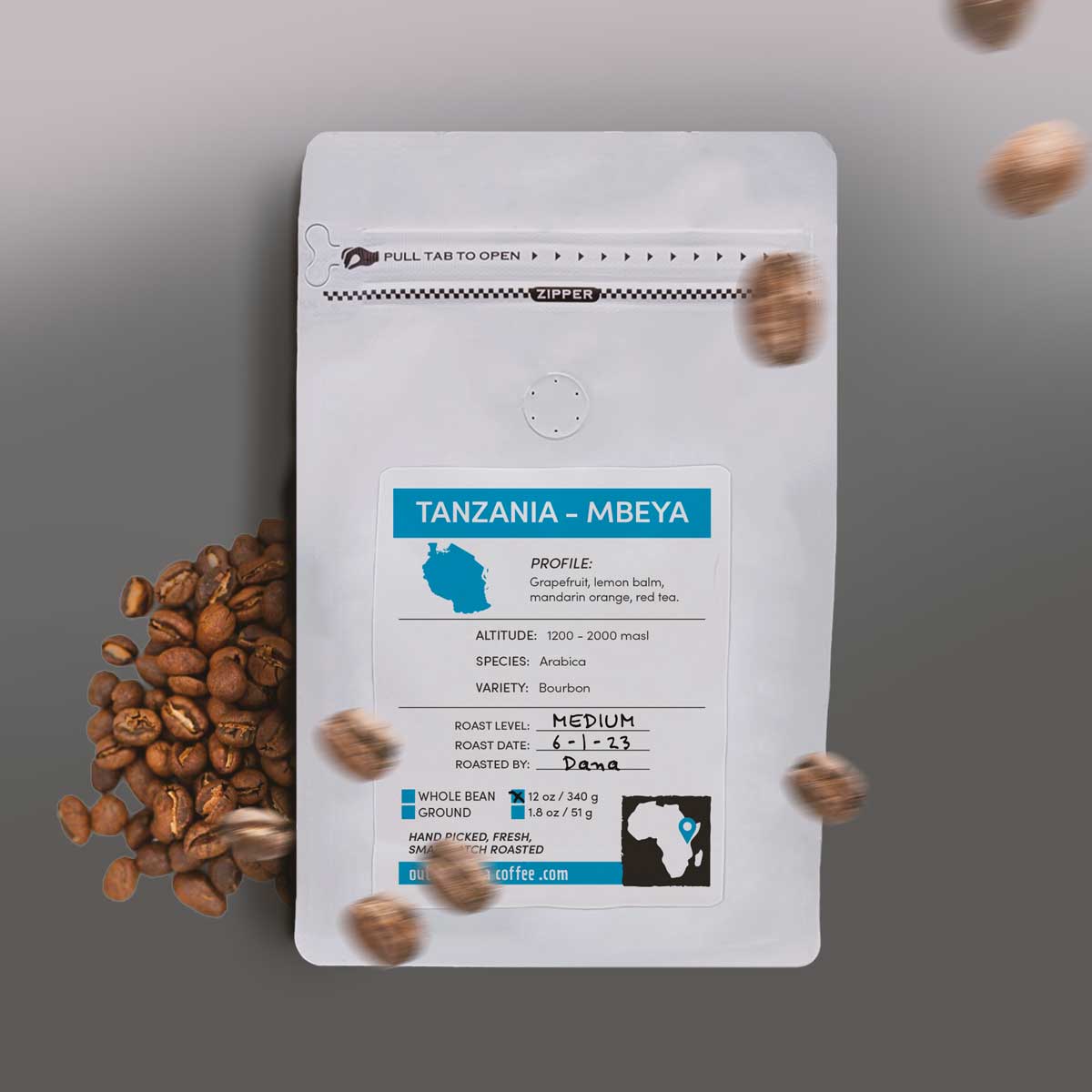 Tanzania Mbeya - Peaberry beans - 12oz Bag - White - with beans