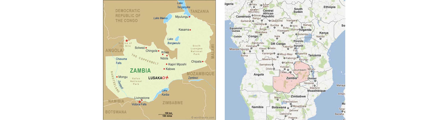 Maps showing the location of Zambia in Africa