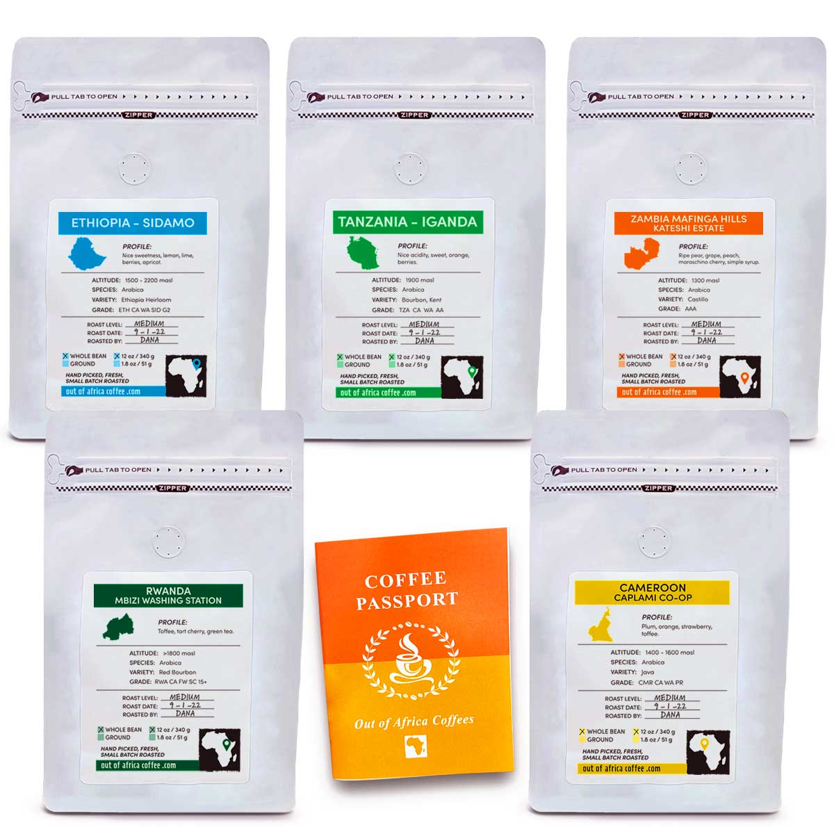 5 Select Quality 12oz Bags with coffee passport