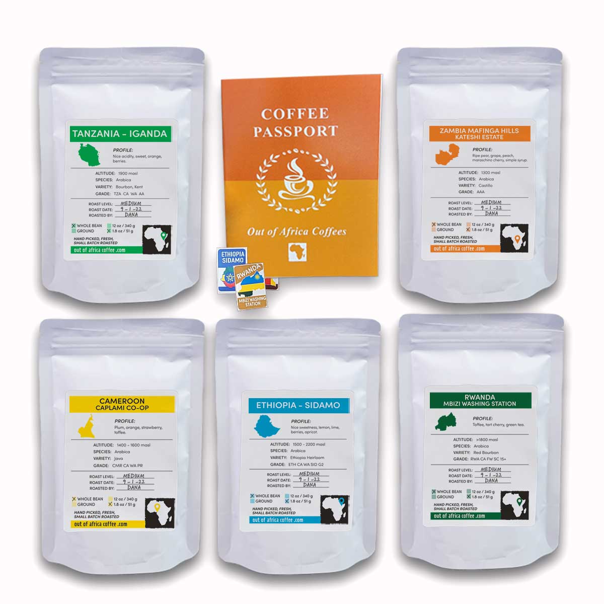 5 white 1.8 ounce bags of coffee - Coffee Passport Booklet with passport stickers for each type of coffee - Coffees are: Tanzania Iganda, Zambia Mafinga Hills from the Kateshi Estate, Cameroon from the Caplami Cooperative, Ethiopia Sidamo, Rwanda washed at the Mbizi station